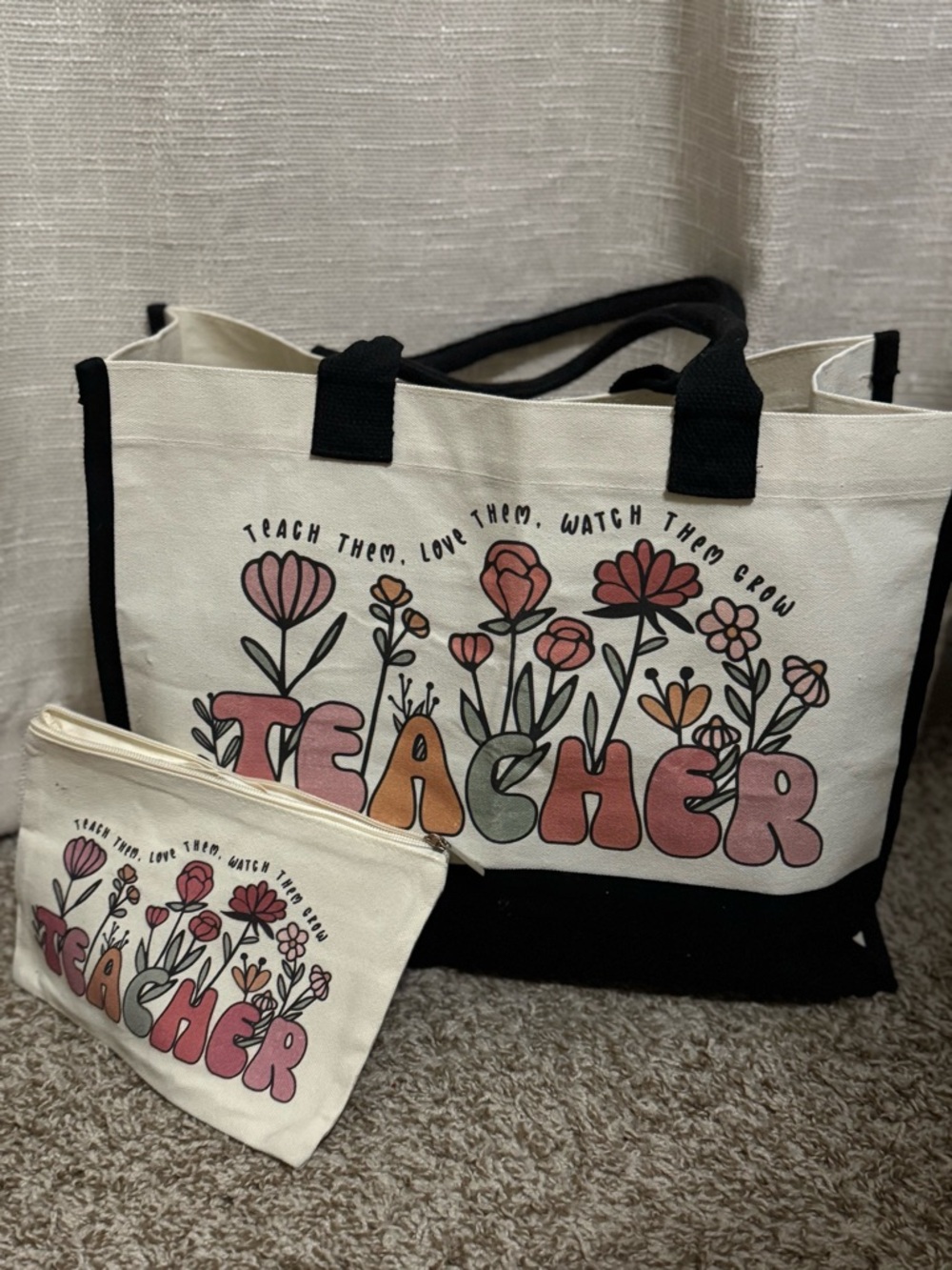Teacher Floral Canvas Tote and Pouch Set - Floral Accents